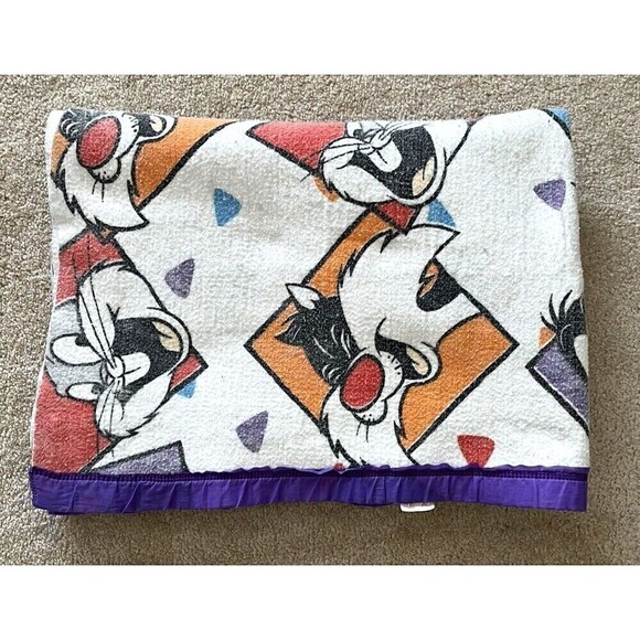 Vintage Looney Tunes Blue Baby Toddler Blanket Bugs Daffy Tweety Satin Edge - Picture 1 of 12